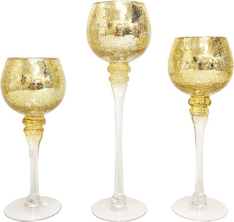 Hosley Set Of 3 Crackle Gold Glass Tealight Holders 9