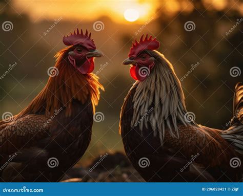 Two Roosters Standing In Front Of Dirt Road Generative AI Stock Image