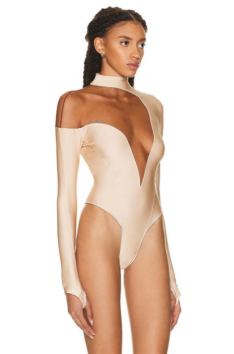 Mugler Deep Mesh Bodysuit In Powder Nude Fwrd