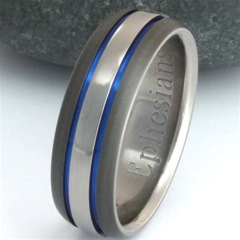 Titanium Wedding Band Thin Blue Line Engagement Ring Etsy