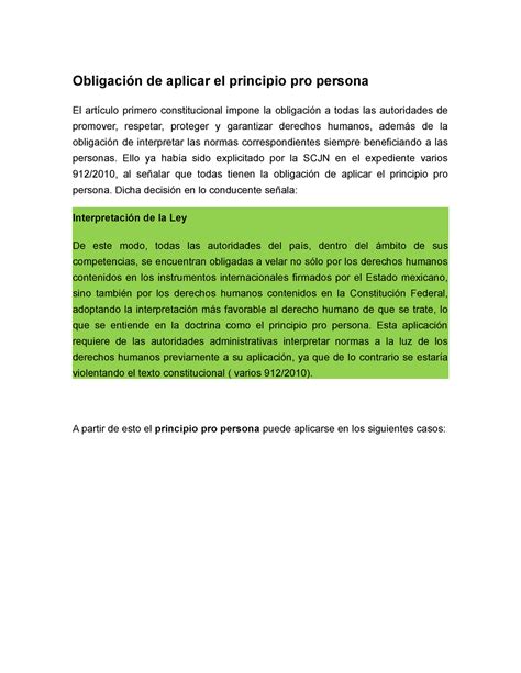 Obligación de aplicar el principio pro persona Obligación de aplicar