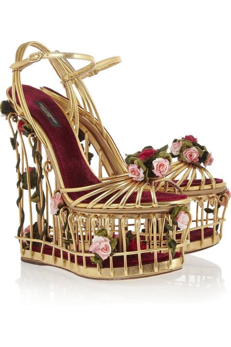 Dolce And Gabbana Rose Embellished Metallic Leather Cage Sandals