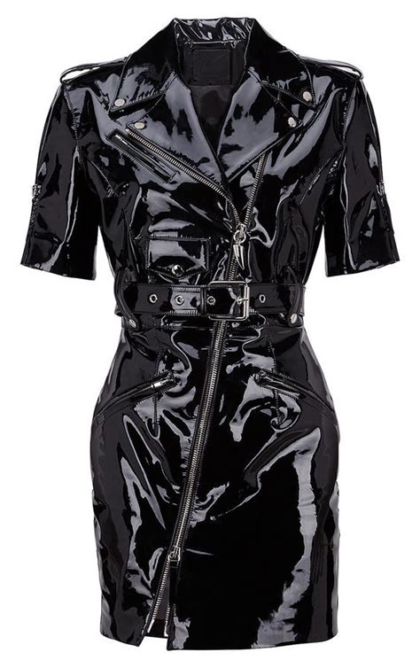 Black Patent Vinyl Belted Dress With Front Zipper Closure And Faux