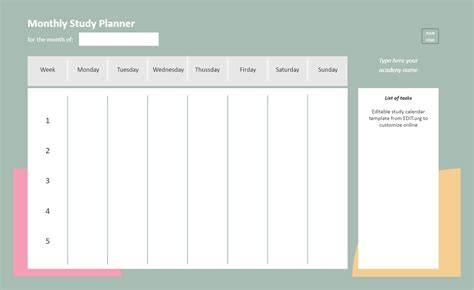 Monthly Study Planner Template | Study planner, Planner template, Study ...