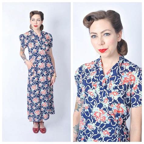 Vintage 1940s Floral Print Cotton Hostess Dress 40s Etsy Hostess