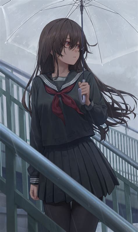 Wallpaper Anime Girls Schoolgirl School Uniform Umbrella Rain