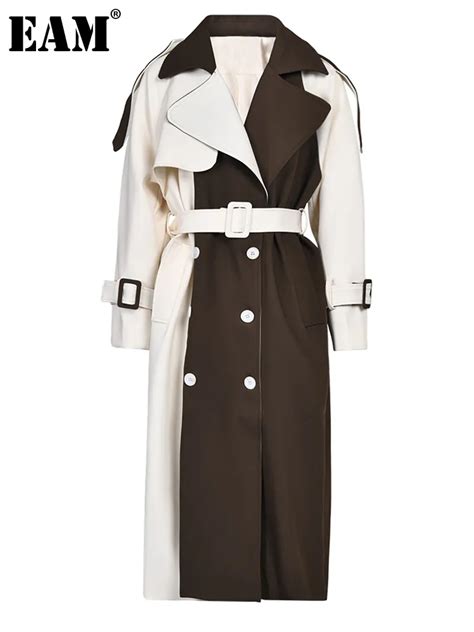 Eam Brown Color Block Big Size Long Trench Women New Lapel Long Sleeve