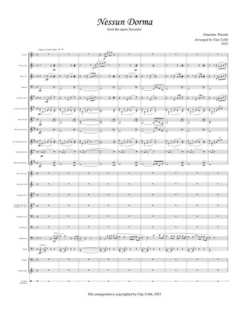 Nessun Dorma Arr Clay Cobb By Giacomo Puccini Sheet Music For