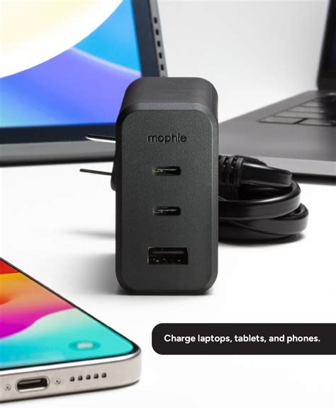 mophie GaN Cargador de pared rápido de 100 W de 3 puertos con cable