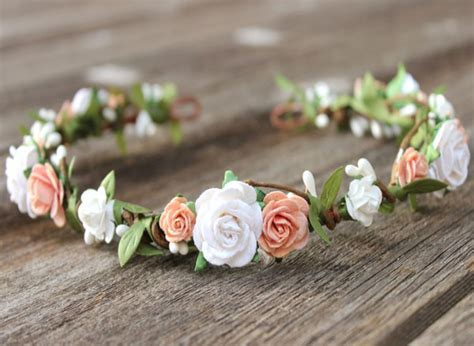 Peach Flower Crown Head Wreath | White Rose Wedding Hair Wreath