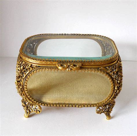 Vintage Matson Gilded Jewelry Casket Jewelry Box Beveled Glass Ornate Flowery Design Vintage