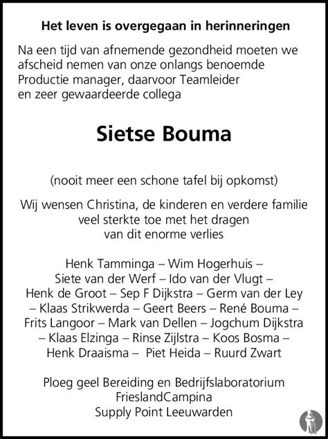 Sijtze Sjoerd Sietse Bouma Overlijdensbericht En