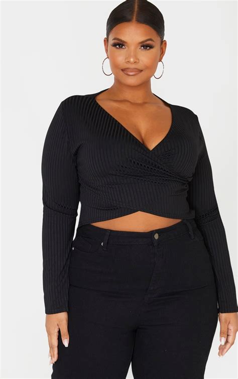 Plus Black Rib Wrap Detail Top Plus Size Prettylittlething Aus