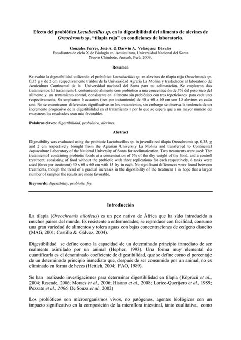 Efecto Del Probi Tico Lactobacillus Sp En La Digestibilidad Del