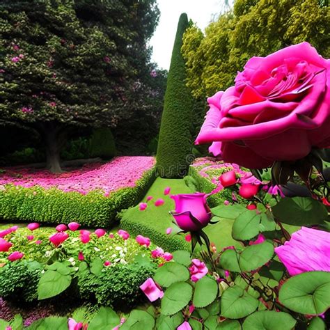 Timeless Beauty Of A Classic Rose Garden In Full Bloom Panorama Stock