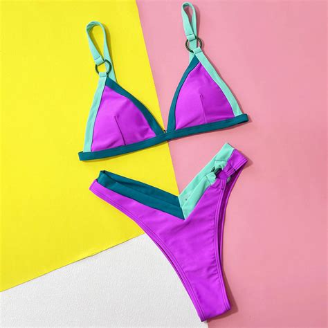 Sexy O Ring High Cut Cheeky Bicolor Triangle Brazilian Two Piece Bikin