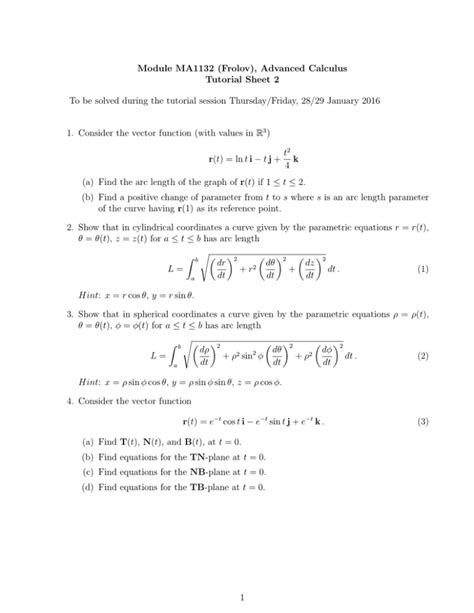 Module Ma Frolov Advanced Calculus Tutorial Sheet