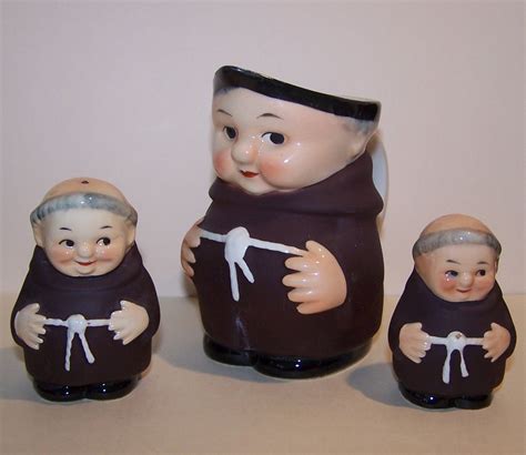 Vintage Porcelain Goebel Brown Monk Friar Tuck Creamer And Salt And Pepper Shakers