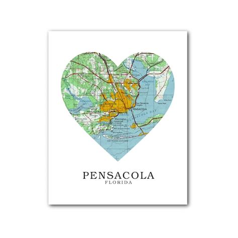 Pensacola Map Heart Print Pensacola Map Art Florida Map | Etsy