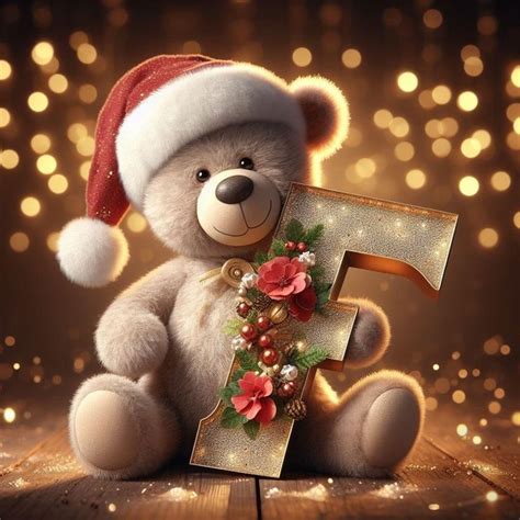 A Teddy Bear Wearing A Santa Hat And Holding The Letter F