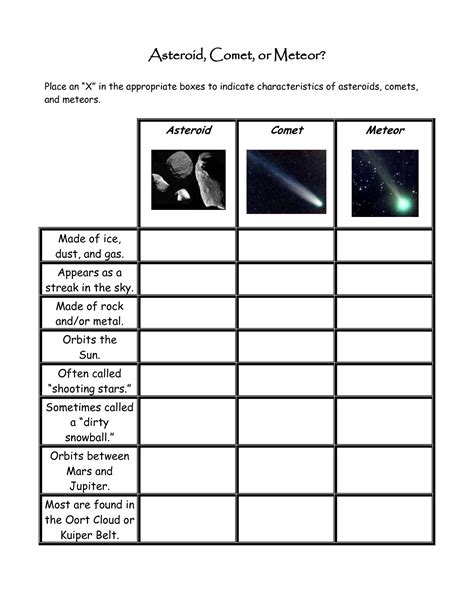 Comets Asteroids And Meteors Worksheet