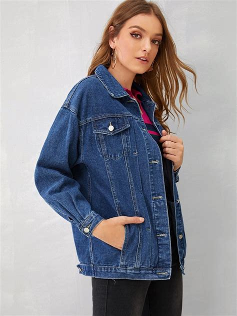 Bleach Wash Drop Shoulder Denim Jacket Shein Usa Denim Fabric Blue Fabric Casual Boots