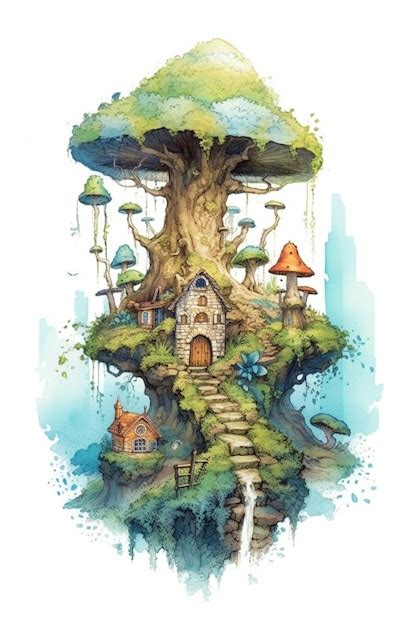 Premium AI Image | a painting of a tree house with a waterfall and a waterfall