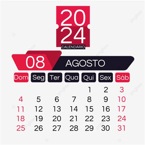 Calendário Preto E Vermelho Português De Agosto De 2024 PNG 2024