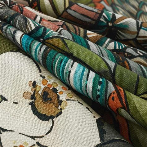 Green Floral Upholstery Fabric Multicolored Botanical Linen Fabric for ...