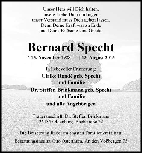 Traueranzeigen Von Bernard Specht Nordwest Trauer De