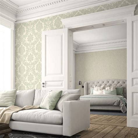 Belgravia Decor Ciara Damask Green Glitter Wallpaper - 4407