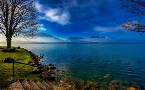 Fondos de pantalla Suiza lago árboles nubes mañana 2560x1600 HD Imagen