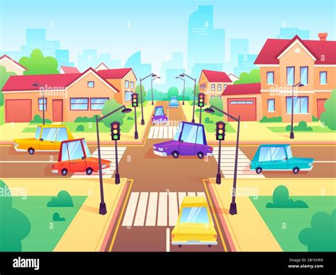 Crossroad With Cars City Suburb Traffic Jam Street Crosswalk With