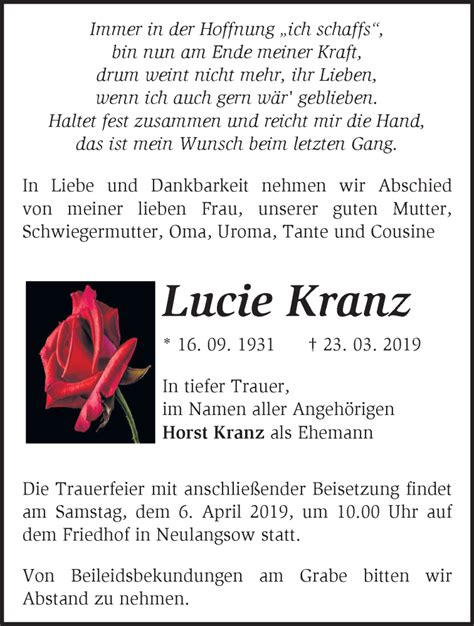 Traueranzeigen Von Lucie Kranz M Rkische Onlinezeitung Trauerportal