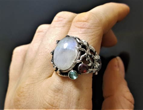 STERLING SILVER 925 Natural Moonstone Ring Genuine Garnet Blue Topaz ...