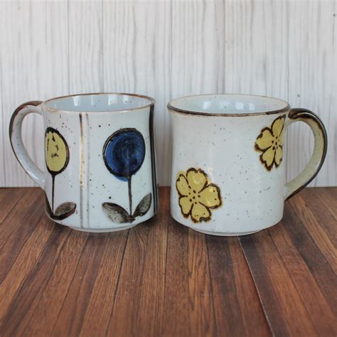 RESERVED For Z Vintage Stoneware Mug Set Of 2 White Blue And Yellow