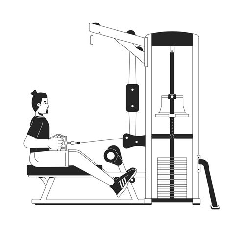 Man Stretching Cable On Seated Row Machine Flat Line Black White Vector