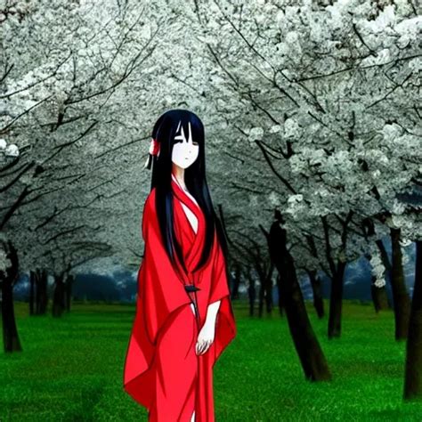 Beatyful Anime Asian Girl Long Black Hair Red Kimono Sakura