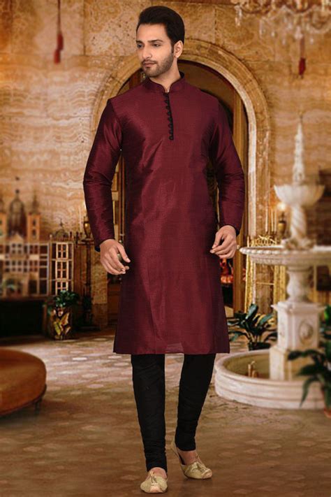 Dark Maroon Dupion Silk Men S Churidar Kurta MKPA02628