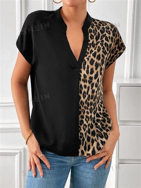 Shein Priv Leopard Print Notched Neck Batwing Sleeve Blouse For Sale