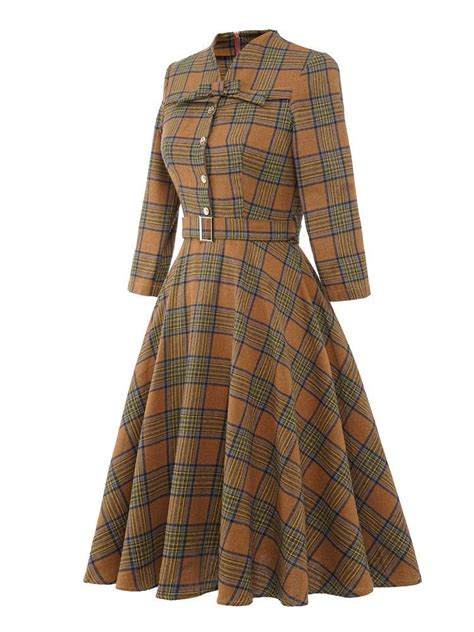 1940s Long Sleeve Vintage Plaid Dress Vintage Dresses Plaid Dress Vintage Swing Dress