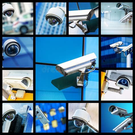 Collage Of Closeup Security CCTV Camera Or Surveillance System Stock