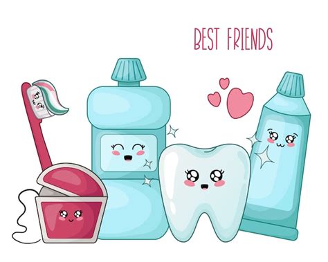 Kawaii Diente Sano Y Cepillo De Pasta Dental Hilo Dental Vector Premium