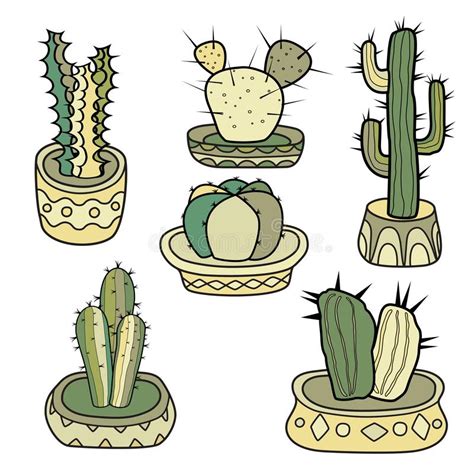 Cactus En Los Potes Fije De Vector Del Color A Mano En El Estilo De La