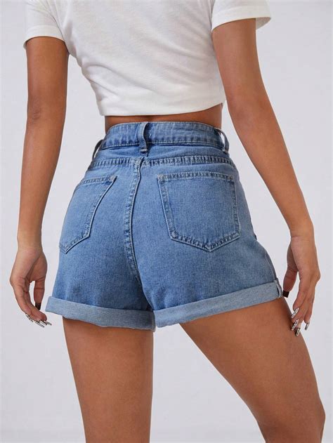 Shein Ezwear Shorts En Mezclilla De Talle Alto Bajo De Doblez Moda De