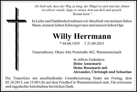 Traueranzeigen Von Willy Herrmann Nordbayerischer Kurier