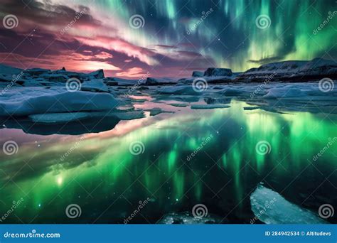 Long Exposure Of Aurora Borealis Reflecting On Ice Stock Photo Image