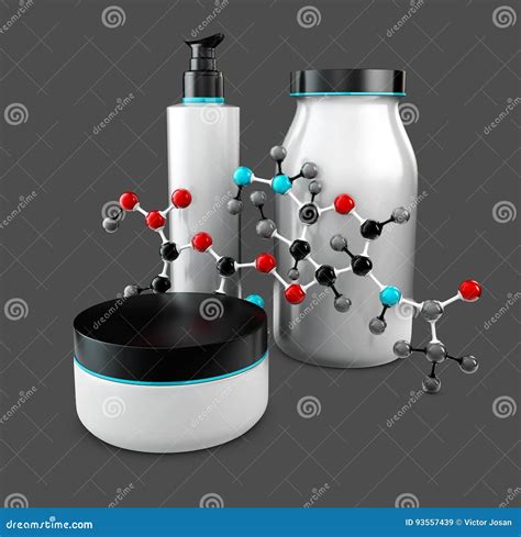 Representación 3d De La Estructura Química Con Las Botellas Cosméticas