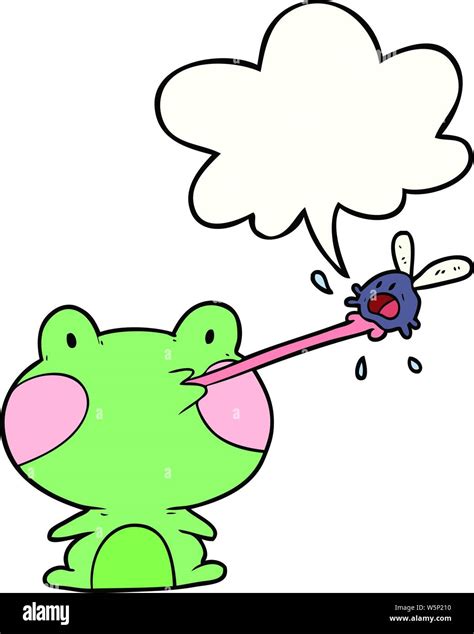 Cute Cartoon Frog Catching Fly With Tongue With Speech Bubble Stock