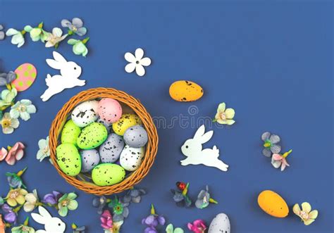 Easter Bakcground With Egg Nest And Easter Cute Bunny Spring Flower